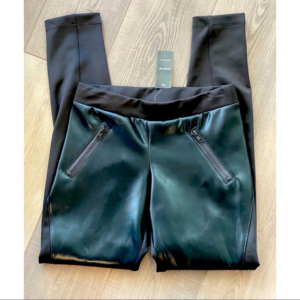 Bebe Colorblock Zip Hip Skinny Pleather Leather Contrast Black Legging Pants